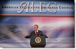 President George W. Bush addresses the American Legislative Exchange Council Thursday, July 26, 2007, at the Philadelphia Marriott Downtown. The President urged the legislators to "to not rely upon the latest opinion poll to tell you what to believe. I ask you to stand strong on your beliefs, and that will continue to make you a worthy public servant."  White House photo by Chris Greenberg