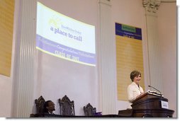 Mrs. Laura Bush delivers the commencement address at the sixth grade graduation ceremony of the Elsie Whitlow Stokes Community Freedom Public Charter School Friday, June 15, 2007, at All Souls Unitarian Church in Washington, D.C. "Today is the time to think back on all of the lessons you've learned at Stokes School -- but it's also a time to look ahead," said Mrs. Bush. "You may be nervous about leaving such a close-knit environment, and moving on to bigger schools. But remember that you've succeeded at Stokes School because you upheld three important rules: I will take care of myself, I will take care of others, and I will take care of my community."  White House photo by Shealah Craighead