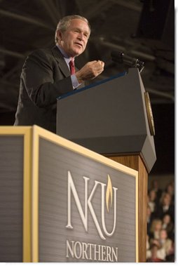 President George W. Bush addresses his remarks on the American Competitiveness Initiative to an audience at Northern Kentucy University, Friday, May 19, 2006 in Highland Heights, Ky. White House photo by Kimberlee Hewitt