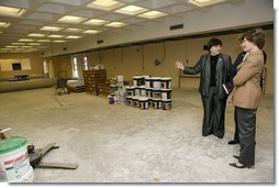 Laura Bush and U.S. Secretary of Education Margaret Spellings are shown the repairs being made at the St. Bernard Unified School in Chalmette, La., Wednesday, Jan. 26, 2006 by school superintendent Doris Voitier, which was damaged by Hurricane Katrina.  White House photo by Shealah Craighead