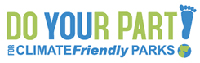 The green and blue on white logo for the Do Your Part! for Climate Friendly parks features the program name and several footprints.