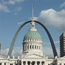 The Gateway Arch frames the Old Courthouse at Jefferson National Expension Memorial in St. Louis, Missouri.