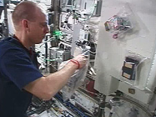 Astronaut Clayton Anderson prepares a plant growth chamber in the space station