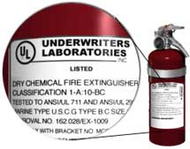 Extinguisher Label expanded in a circle in front of the extinguisher including the text, Underwriter's Laboratories and the UL logo, listed, dry chemical fire extinguisher, classification 1-A:10-BC - Copyright WARNING: Not all materials on this Web site were created by the federal government. Some content — including both images and text — may be the copyrighted property of others and used by the DOL under a license. Such content generally is accompanied by a copyright notice. It is your responsibility to obtain any necessary permission from the owner's of such material prior to making use of it. You may contact the DOL for details on specific content, but we cannot guarantee the copyright status of such items. Please consult the U.S.Copyright Office at the Library of Congress — http://www.copyright.gov — to search for copyrighted materials.