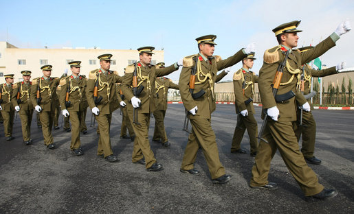 An honor cordon is dismissed shortly after the departure of President George W. Bush Thursday, Jan. 10, 2008, at Muqata, the headquarters of the Palestinian Authority, in Ramallah. White House photo by Eric Draper