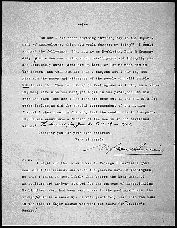 Letter from Upton Sinclair to President Theodore Roosevelt, March 10, 1906