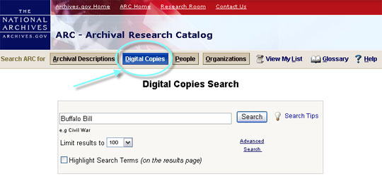 ARC search screen with Digital Copies Search button highlighted