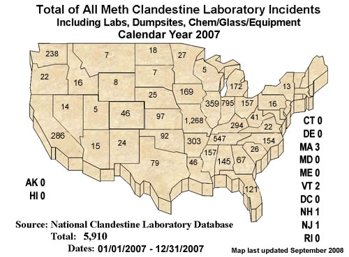 Total of Meth Clandestine Laboratory Incidents for 2007