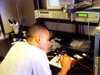 A SULI student works at a laboratory bench.