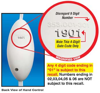 illustration, back view of hand control. Disregard 9 digit number; note the 4-digit date code only (example pictured is 1901). Any 4 digit code ending in 01 is subject to this recall. Numbers ending in 02, 03, 04, 05, and 06 are not subject to this recall