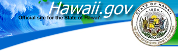 Official site for the State of Hawaii, wave and island chain images.  Hawaii State Seal shown.