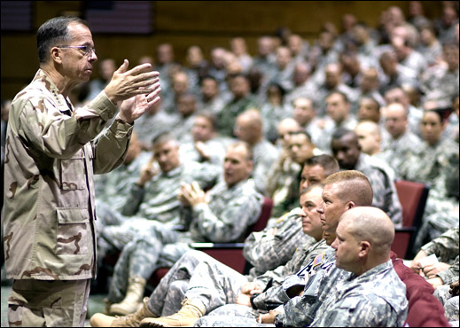 U.S Navy Adm. Mike Mullen, chairman of the Joint Chiefs of Staff, addresses students at the U.S. Army Sergeants Major Academy, Fort, Bliss, Texas, Sept. 18, 2007. Defense Dept. photo by U.S. Navy Petty Officer 1st Class Chad J. McNeeley