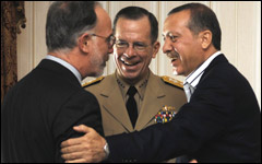 From left, U.S. Ambassador to Turkey Ross Wilson and U.S. Navy Adm. Mike Mullen, chairman of the Joint Chiefs of Staff, meet with Turkish Prime Minister Recep Tayyip Erdogan in Istanbul, Turkey, Sept. 14, 2008. Defense Dept. photo by Air Force Master Sgt. Adam M. Stump