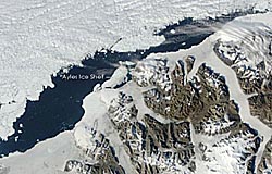 A satellite image of the Ayles Ice Shelf floating near Canada's Ellesmere Island
