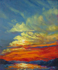 A painting of wispy clouds in a red, orange and blue sky