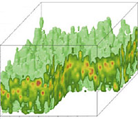 A green, red and yellow image of a forest showing reflected laser energy