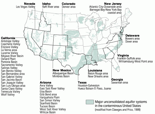 Map of the U.S. showing areas having higher probabilities of land subsidence due to compaction of soils caused by ground-water pumpage. 