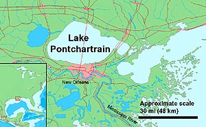 A map of Lake Pontchartrain, New Orleans and the surrounding area