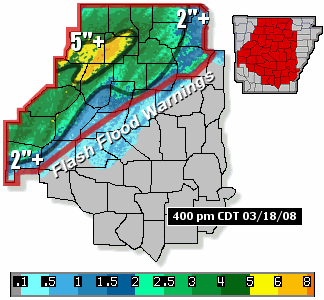 Widespread heavy rain was occurring in northern and western Arkansas of 4 pm CDT on 03/18/2008, with numerous Flash Flood Warnings in effect.