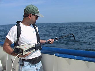 Carlos Del Castillo standing on a boat and holding a metal pole over the water