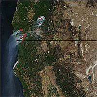 An image taken by MODIS of forest fires in Oregon