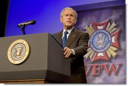 President George W. Bush, delivering his remarks Wednesday, Aug. 22, 2007, to the Veterans of Foreign Wars National Convention in Kansas City, Mo., said "So long as we remain true to our ideals, we will defeat the extremists in Iraq and Afghanistan." White House photo by Chris Greenberg