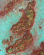 A satellite picture of a Mayan site showing hot and cold spots with different colors