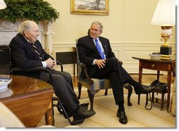 President George W. Bush visits with Cpl. Frank Woodruff Buckles in the Oval Office, Thursday, March 6, 2008. Said the President, "Sitting next to me is Mr. Frank Buckles, 107-years-young, and he is the last living Doughboy from World War I. And it has been my high honor to welcome Mr. Buckles, and his daughter, Susannah, here to the Oval Office."  White House photo by Eric Draper