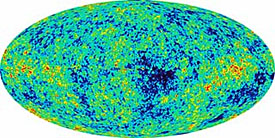 This map of the sky uses color to show the oldest light in the universe with red showing the warmer spots and blue showing the cooler spots