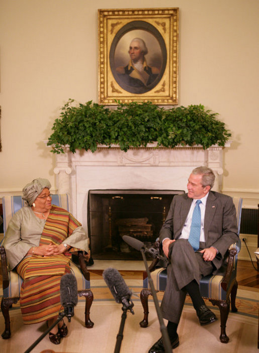 President George W. Bush meets with President Ellen Johnson Sirleaf of the Republic of Liberia in the Oval Office, Thursday, Oct. 18, 2007. President Sirleaf is Africa’s first elected female head of state. White House photo by Eric Draper