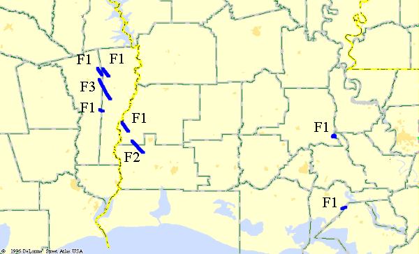 Map of the tornado damage tracks across the Lake Charles warning area, 03/02/1999