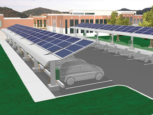 Solar panels would provide shade and electricity to recharge the batteries of plug-in hybrid electric vehicles.