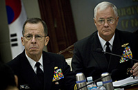 U.S. Navy Adm. Michael G. Mullen, chairman of the Joint Chiefs of Staff, and U.S. Navy Adm. Timothy J. Keating, commander of U.S. Pacific Command, listen to opening remarks by U.S. and Korean defense leaders at the 39th Security Consultative Meeting, Seoul, Republic of Korea, Nov. 7, 2007. Defense Dept. phot by U.S. Navy Petty Officer 1st Class Chad McNeeley