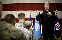 U.S. Navy Adm. Michael G. Mullen, chairman of the Joint Chiefs of Staff, answers questions at a town hall meeting with servicemembers stationed at Yongsan Army Garrison, Republic of Korea, Nov. 7, 2007. Defense Dept. phot by U.S. Navy Petty Officer 1st Class Chad McNeeley