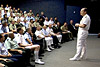 Navy Adm. Mike Mullen, chairman of the Joint Chiefs of Staff, speaks to students at the Australian Defense College, Canberra, Australia, Feb. 22, 2008.