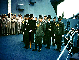 Photo of Japanese Leaders Standing Aboard the USS Missouri Awaiting to Sign the Unconditional Surrender of  Japan. 