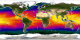 The oceans of the world are falsely colored in this animation.  The warmest temperatures are shown in bright yellow and the coldest temperatures are shown in dark green and black.  Grey represents areas that have no data values such as coastal regions or land.  White represents surface ice.