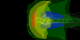 A profile view of the magnetosphere.  The Sun would be located to the left.  Lines from the Earth's magnetic field are stretched out behind the Earth to form the magnetotail.