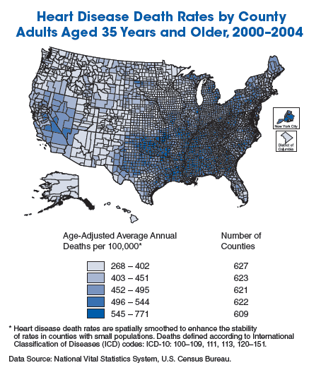 Heart Disease Death Rates by County Adults Aged 35 Years and Older, 2000-2004