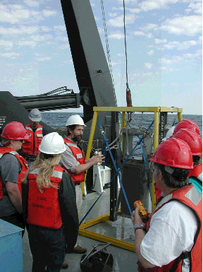 Students get some hands-on experience in collecting sediment samples using a box-corer sampler aboard the R/V Lake Guardian