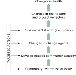 Along the left side is a vertical bar labeled “Targeted Actions.” From this bar there are four arrows that point to the right. The one at the bottom points to “Community awareness of issue” which has an arrow above it pointing upward. Above the arrow, the second arrow pointing to the right points to “Develop needed community capacity,” which has an arrow above it pointing upward. Above this arrow, the third arrow pointing right points to “Changes in change agents,” which has an arrow above it pointing upward. Above this arrow, the fourth arrow pointing right points to “Environmental shift (i.e., policy),” which has an arrow above it pointing upward. Above this arrow is “Changes in risk factors and protective factors,” which has an arrow above it pointing upward. Above this arrow is “Changes in health.”