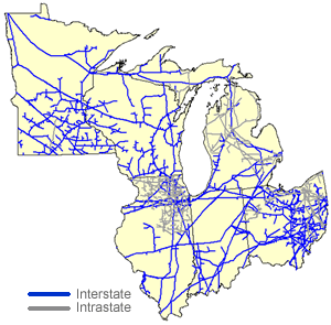Map of the Midwest Region Natural Gas Pipeline System