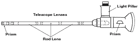 Side-view drawing of a cystoscope, a long tube-like instrument used to examine the inside of the bladder and urethra. Labels point to the telescope lenses, prism, rod lens, and light pillar.