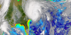 Print resolution still of SeaWiFS data on 9-18-04.  Note the light blue trail southeast of the hurricane.  This trail indicates higher levels of phytoplankton near the ocean surface.