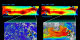 SeaWIFS images of the region around the Galapagos Islands on May 10, 1998 and May 25, 1998 compared with NCEP sea surface temperatures, showing the return of sea life as the ocean cools after El Nino
