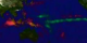 Global cumulative precipitation anomaly as measured by TRMM for the period January 1997 through Februaru 1998.  Red indicates 10 feet more precipitation than normal during this period and green indicates 10 feet less than normal.