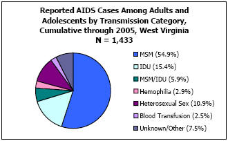 Reported AIDS Cases Among Adults and Adolescents by Transmission Category, Cumulative through 2005, West Virginia N = 1,433 MSM - 54.9%, IDU - 15.4%, MSM/IDU - 5.9%, Hemophilia - 2.9%, Heterosexual Sex - 10.9%, Blood Transfusion - 2.5%, Unkown/Other - 7.5%
