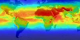 Flat view of the Earth showing reds and yellows over the equatorial regions (denoting the higher ground levels of UV radiation) and cool greens, blues, and purples as you move towards the poles (denoting lower ground levels of UV radiation).