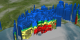 Hurricane Katrina on August 28, 2005.  Blue represents areas with at least 0.25 inches of rain per hour. Green shows at least 0.5 inches of rain per hour. Yellow is at least 1.0 inches of rain and red is at least 2.0 inches of rain per hour.