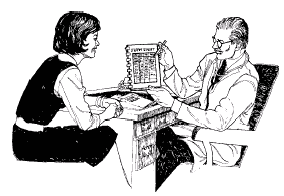 Image of a woman and a health care professional discussing records and/or test results.